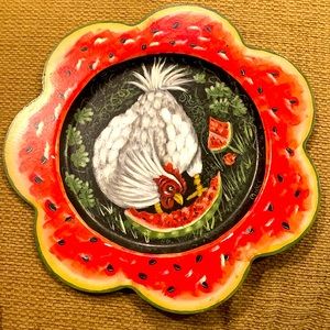 Decorative handpainted rooster plate.  11 inch diameter, signed